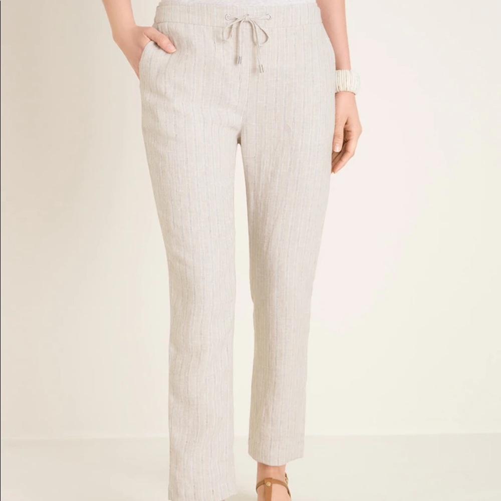 Chico's Stripe Linen Ankle Pant Neutral Elastic